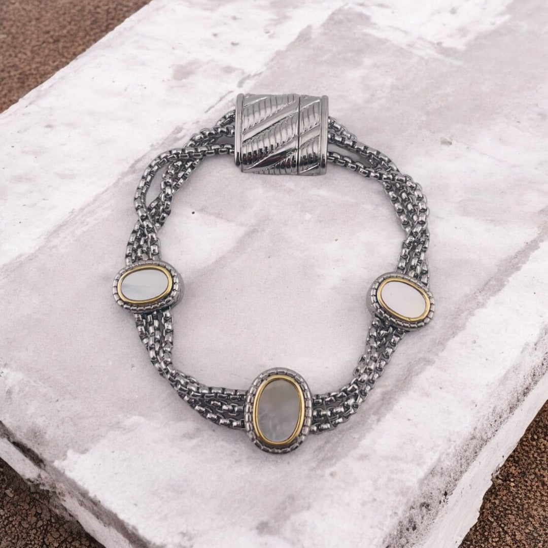 Elegant Rhodium-Finished Bracelet with Oval Shell Accent and Magnetic Clasp, Perfect Gift Jewelry
