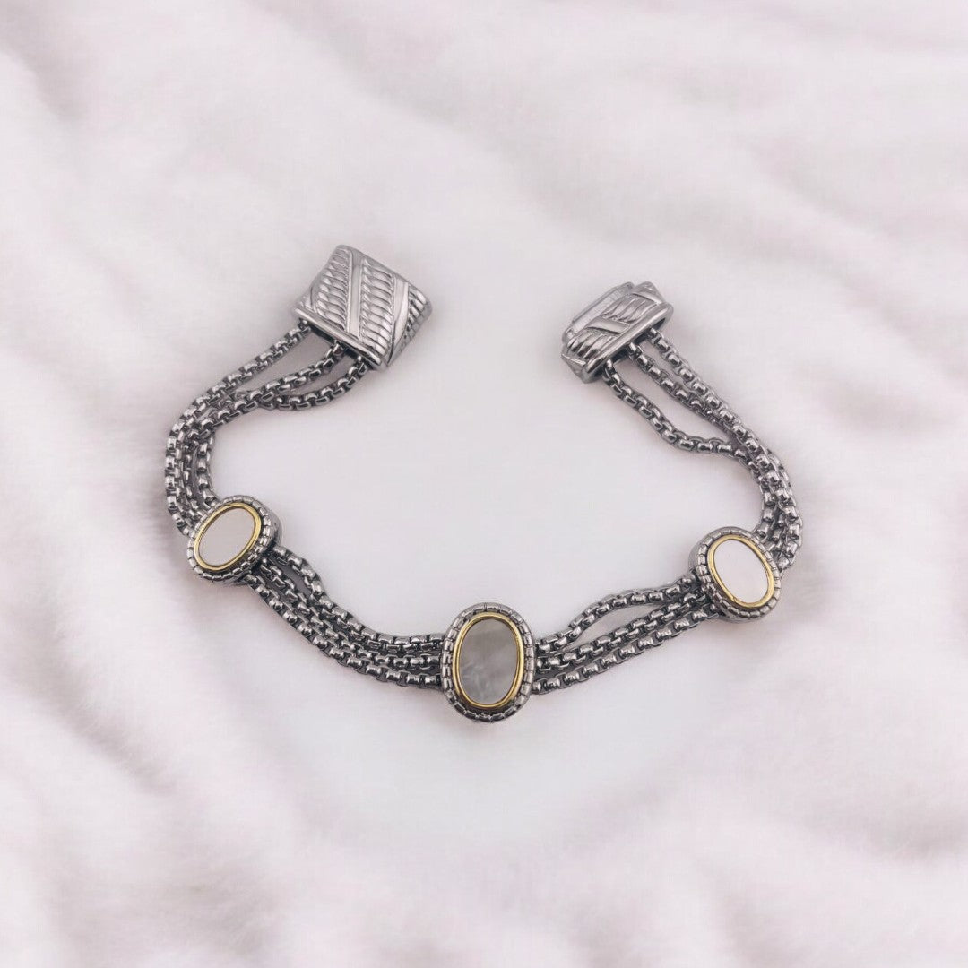 Elegant Rhodium-Finished Bracelet with Oval Shell Accent and Magnetic Clasp, Perfect Gift Jewelry