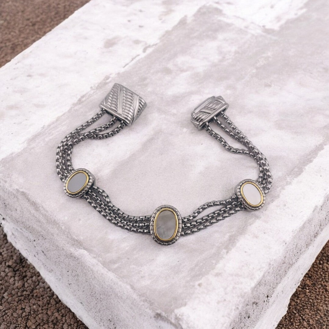 Elegant Rhodium-Finished Bracelet with Oval Shell Accent and Magnetic Clasp, Perfect Gift Jewelry