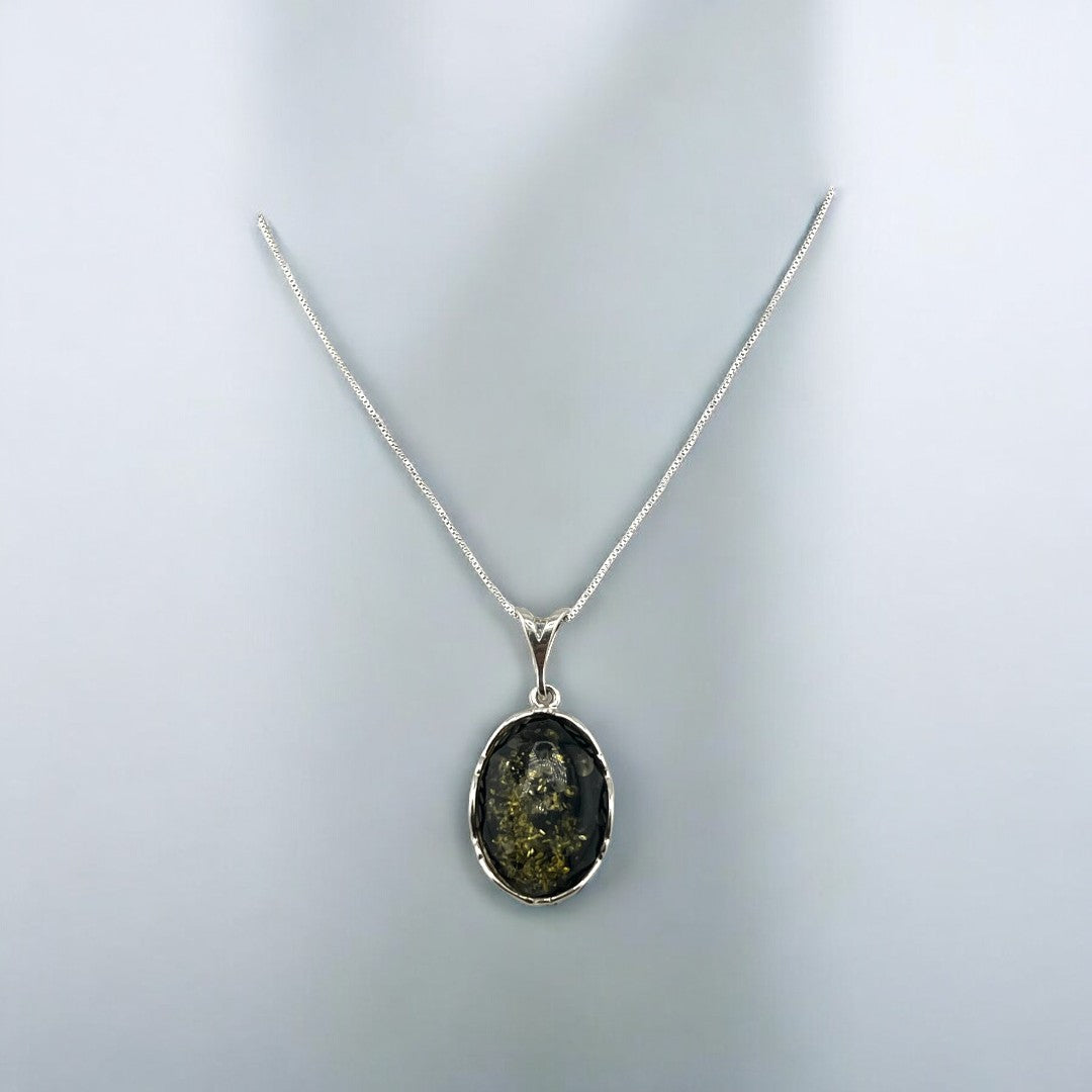 Green Amber, Gemstone, Precious Stone Pendant, Sterling Silver Necklace, Elegant Gift for All Occasions