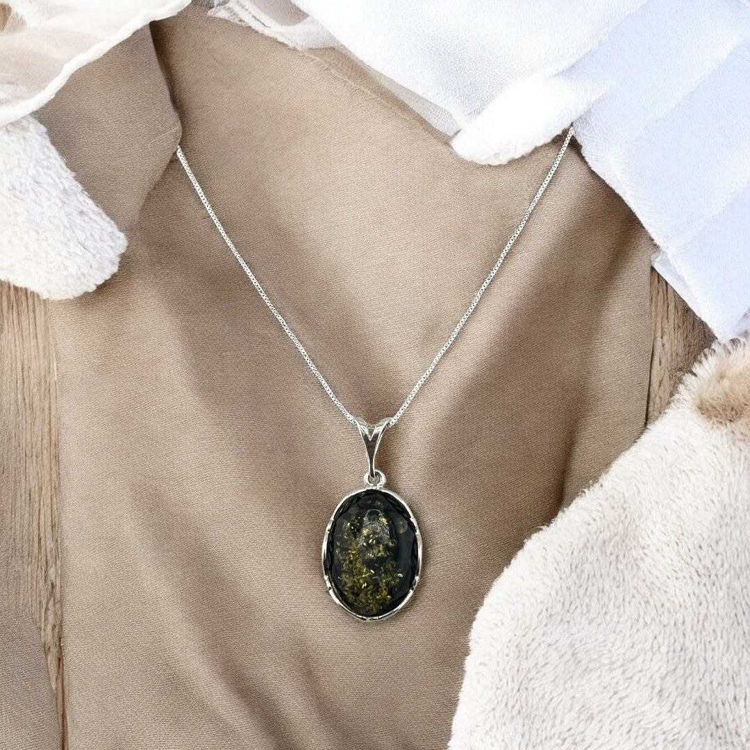 Green Amber, Gemstone, Precious Stone Pendant, Sterling Silver Necklace, Elegant Gift for All Occasions