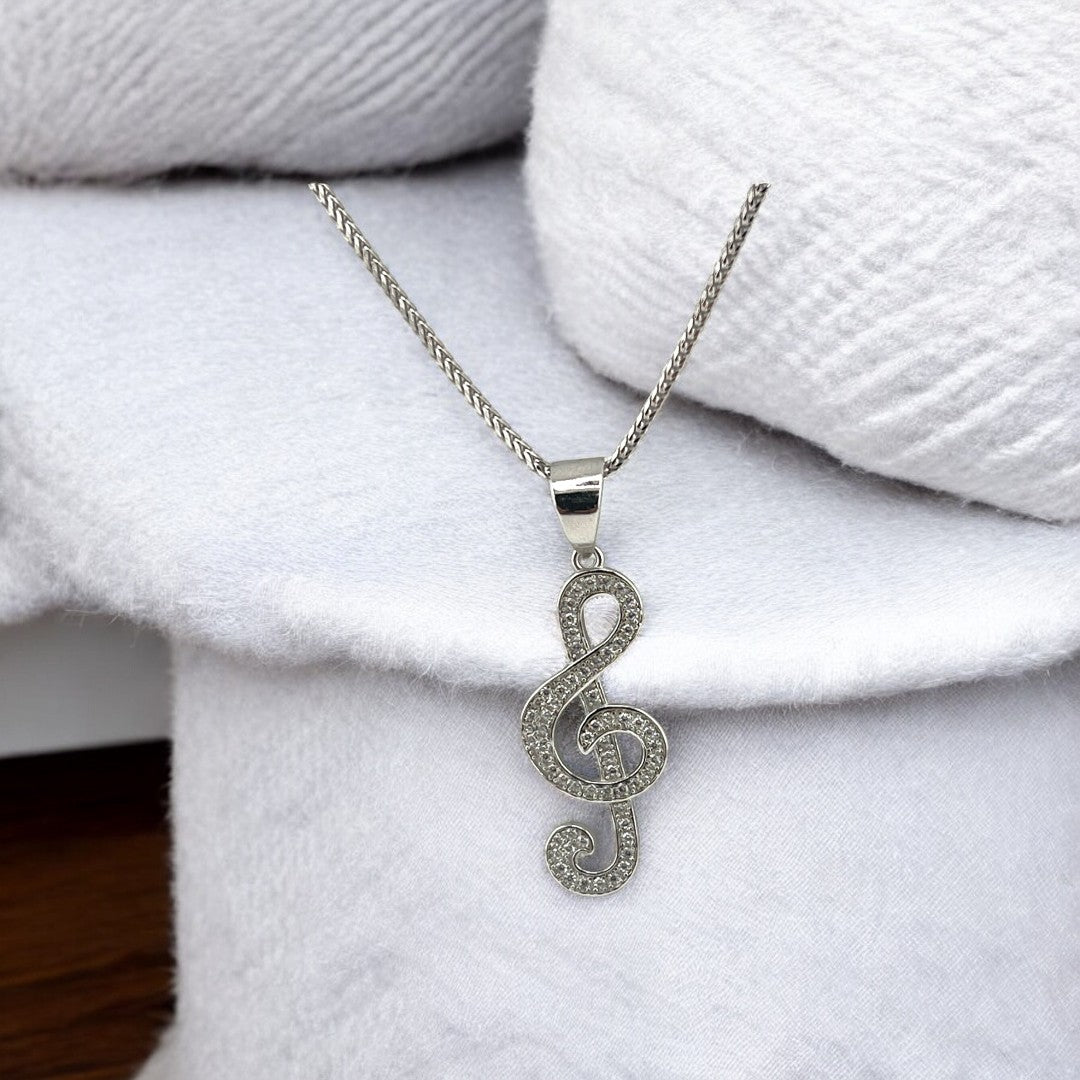 Sterling Silver, Music Note Pendant, Necklace, Zirconia Stone, Sparkling Jewelry, Unique Gift, Elegant Fashion Accessory