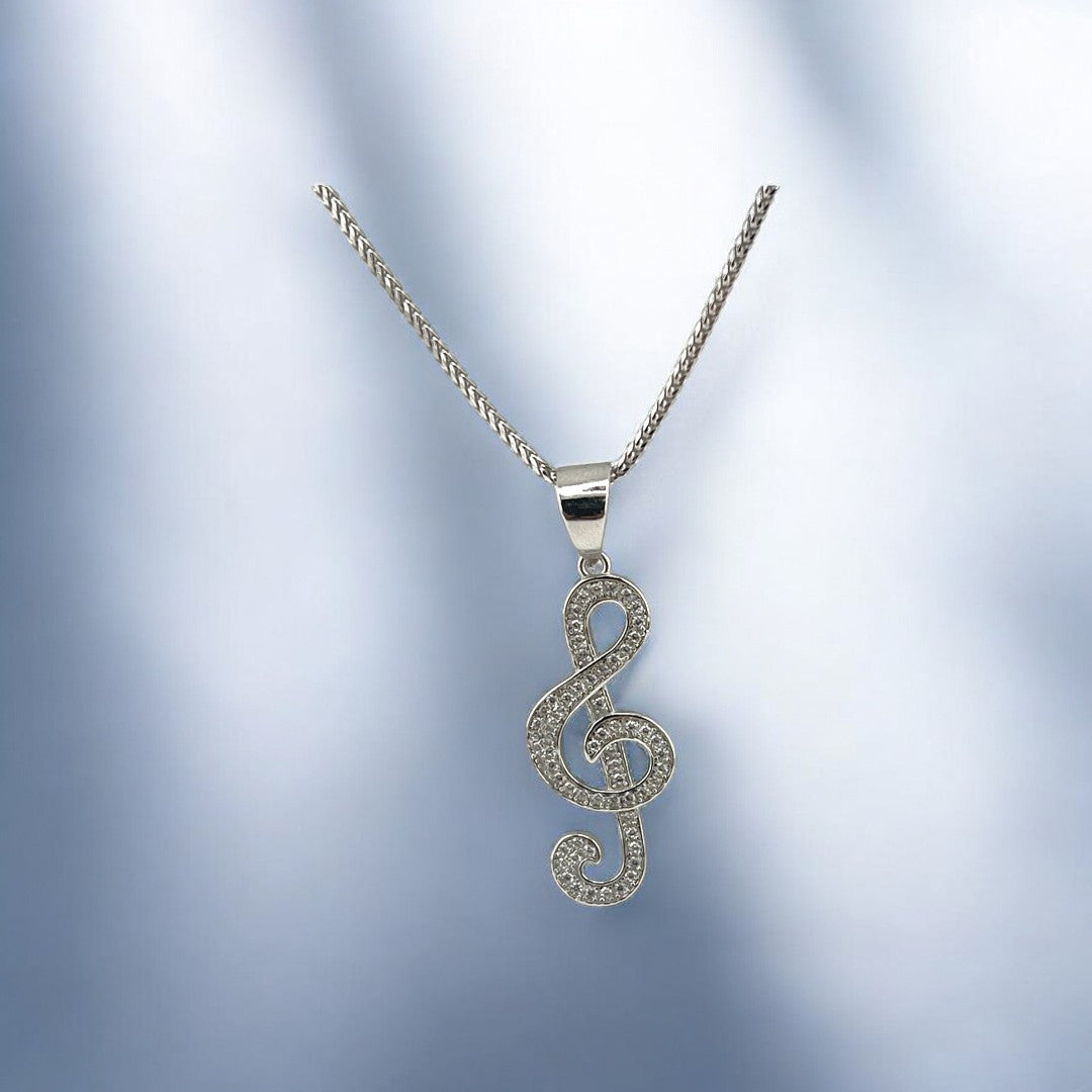 Sterling Silver, Music Note Pendant, Necklace, Zirconia Stone, Sparkling Jewelry, Unique Gift, Elegant Fashion Accessory