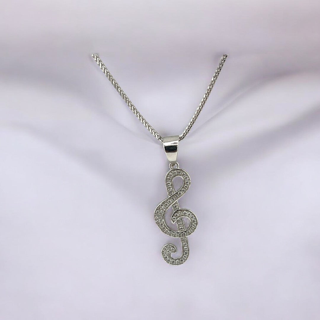 Sterling Silver, Music Note Pendant, Necklace, Zirconia Stone, Sparkling Jewelry, Unique Gift, Elegant Fashion Accessory