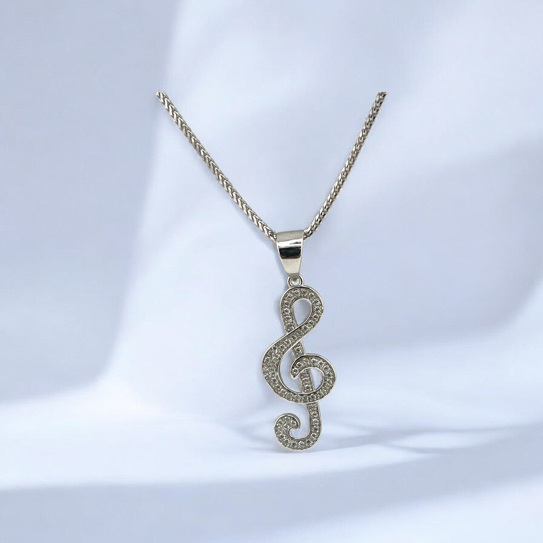 Sterling Silver, Music Note Pendant, Necklace, Zirconia Stone, Sparkling Jewelry, Unique Gift, Elegant Fashion Accessory