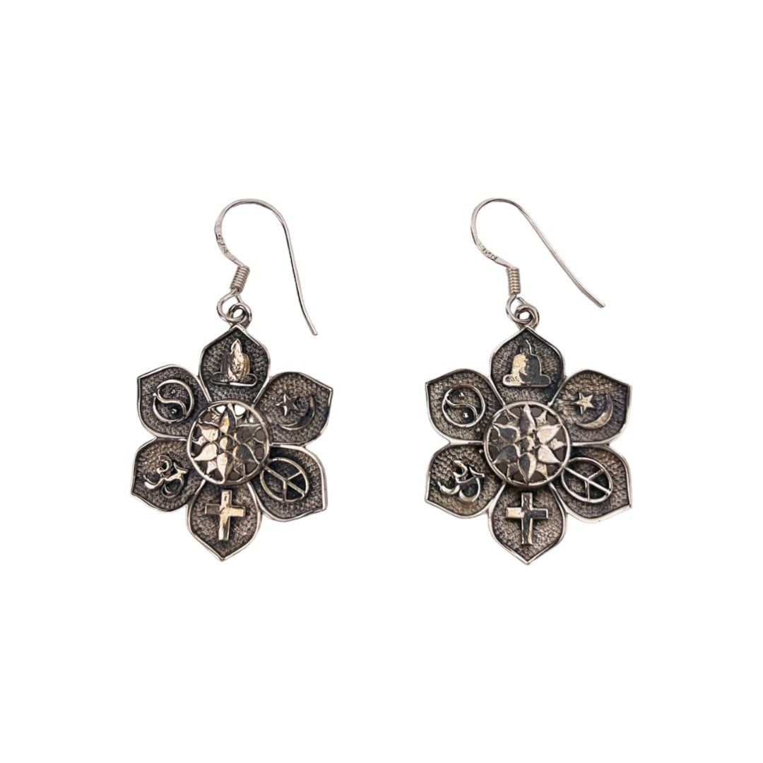 Sterling Silver Flower-Shaped Earrings with Symbolic Charms: Moon, Yin-Yang, Star, Cross, Peace Sign