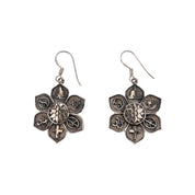 Sterling Silver Flower-Shaped Earrings with Symbolic Charms: Moon, Yin-Yang, Star, Cross, Peace Sign