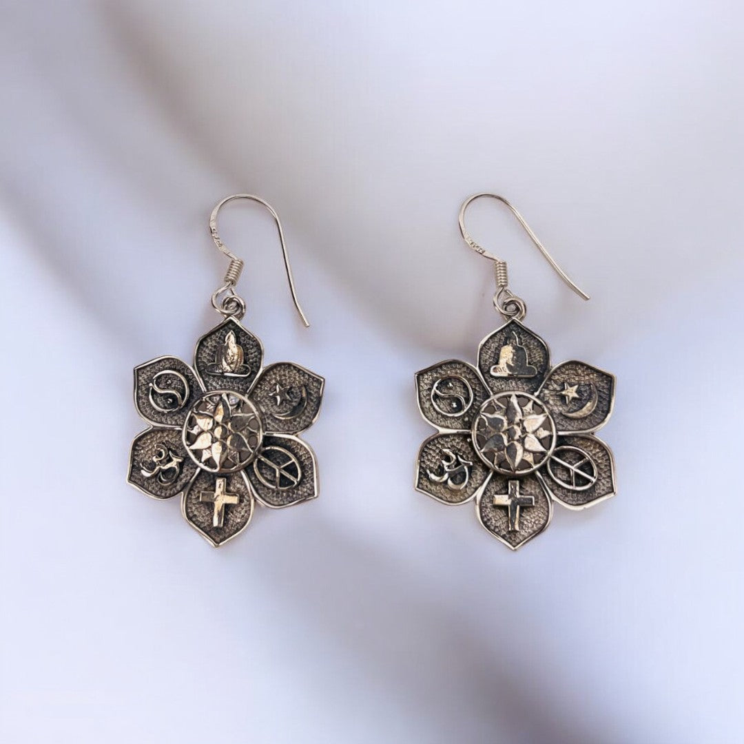 Sterling Silver Flower-Shaped Earrings with Symbolic Charms: Moon, Yin-Yang, Star, Cross, Peace Sign