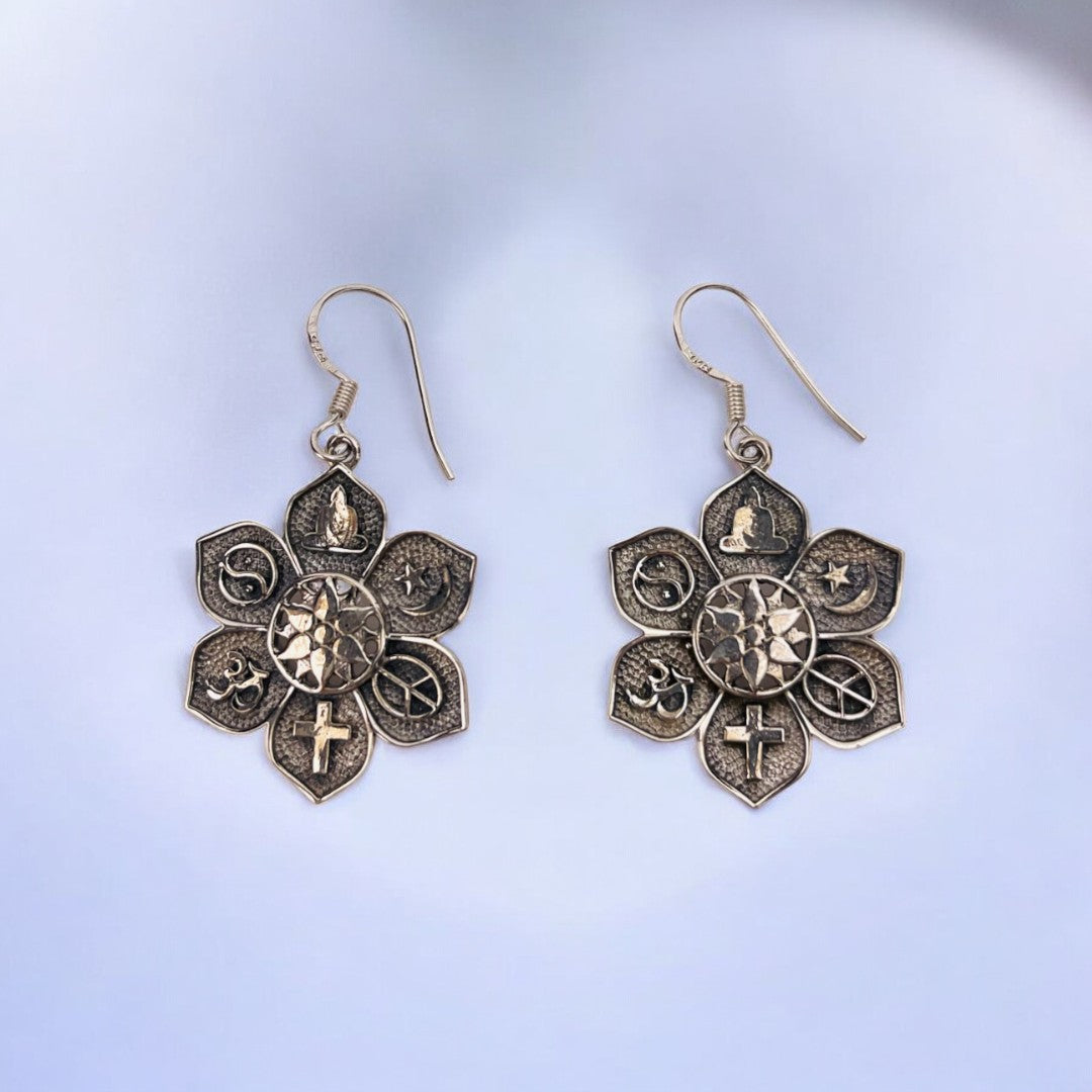 Sterling Silver Flower-Shaped Earrings with Symbolic Charms: Moon, Yin-Yang, Star, Cross, Peace Sign