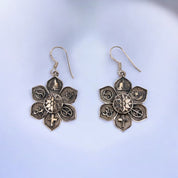 Sterling Silver Flower-Shaped Earrings with Symbolic Charms: Moon, Yin-Yang, Star, Cross, Peace Sign