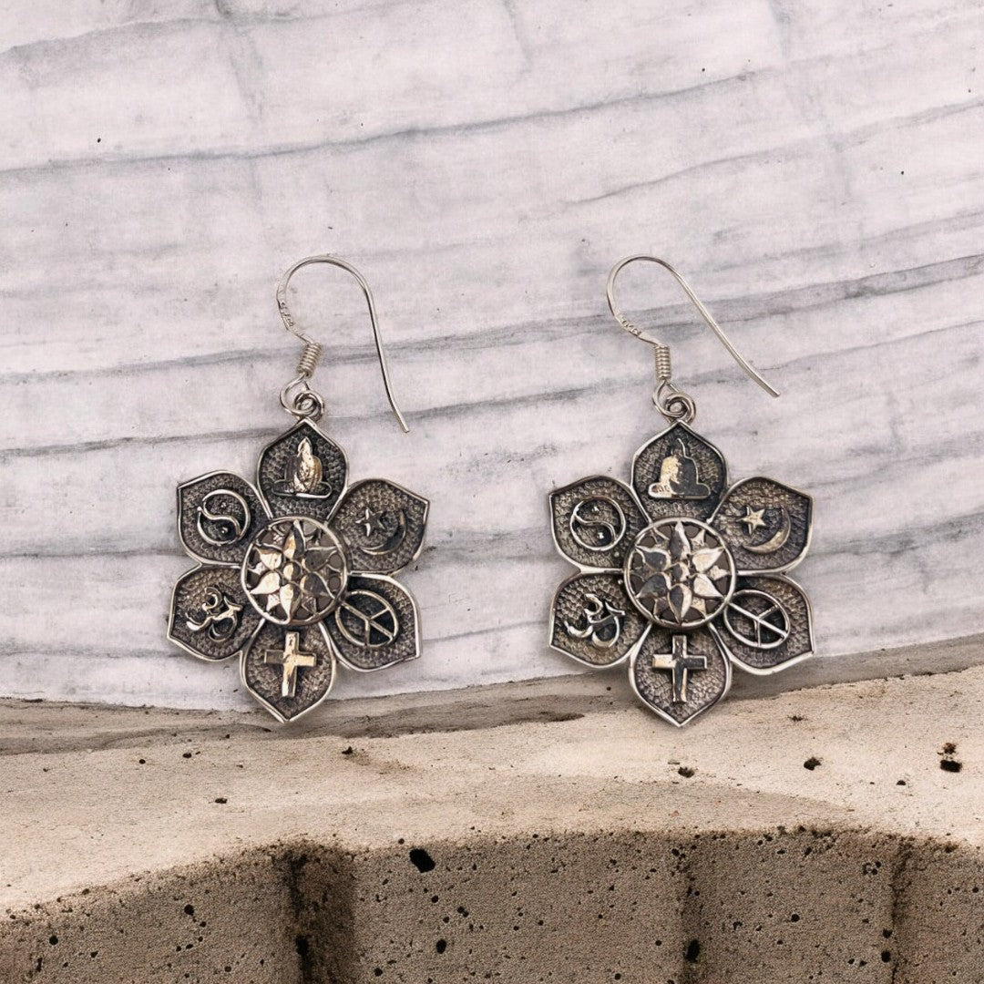 Sterling Silver Flower-Shaped Earrings with Symbolic Charms: Moon, Yin-Yang, Star, Cross, Peace Sign