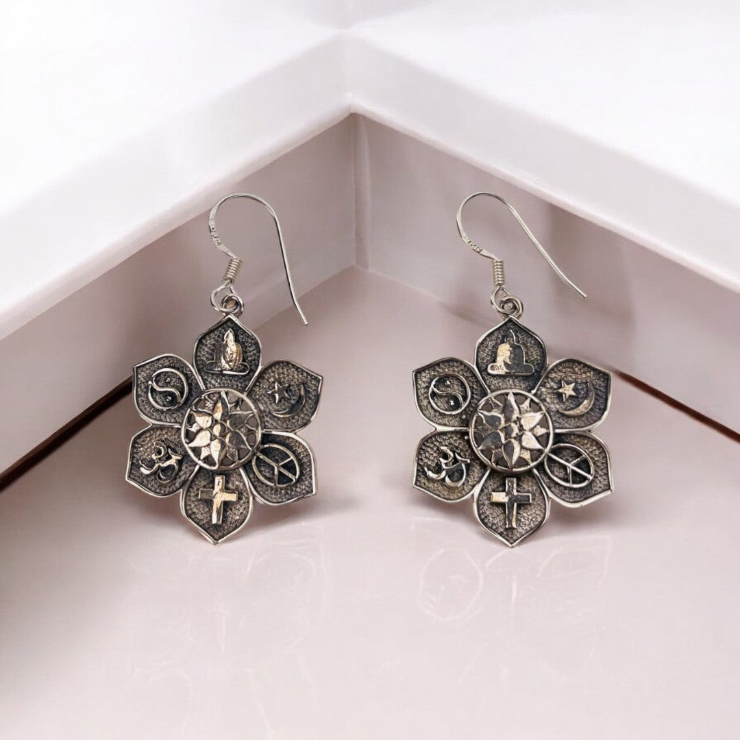 Sterling Silver Flower-Shaped Earrings with Symbolic Charms: Moon, Yin-Yang, Star, Cross, Peace Sign