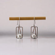 Sterling Silver Earrings with Intricate Rectangular Design, Freshwater Pearl, Elegant Artisan Jewelry