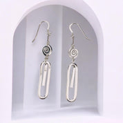 Sterling Silver Paperclip Earrings with Dangling Bar and Swirl Accent, Unique Artisan Jewelry