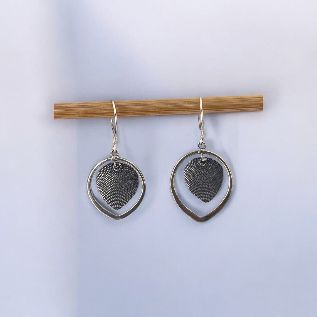 Sterling Silver Two-Tone Leaf Design Earrings with Layered Hanging Leaf, Elegant Textured Jewelry