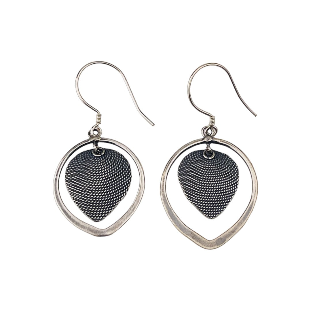 Sterling Silver Two-Tone Leaf Design Earrings with Layered Hanging Leaf, Elegant Textured Jewelry