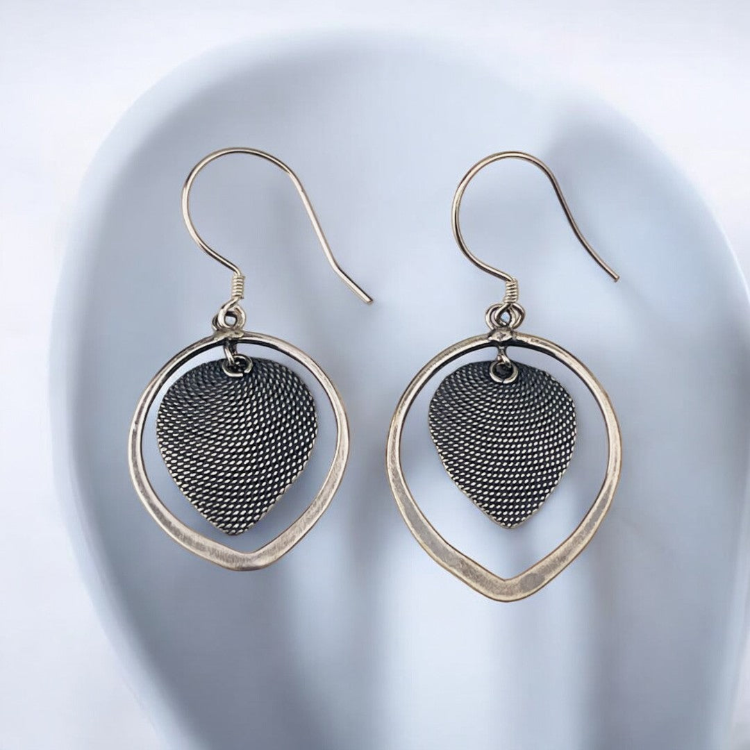 Sterling Silver Two-Tone Leaf Design Earrings with Layered Hanging Leaf, Elegant Textured Jewelry