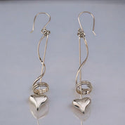 Sterling Silver Earrings with Thin Bar, Swirly Bar Surrounding, and Hanging Heart, Elegant Jewelry