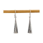 Dangle Sterling Silver Long Triangle Earrings with Intricate Carved Patterns, Artisan Jewelry