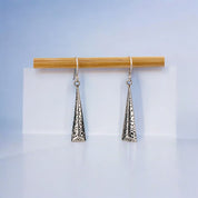 Dangle Sterling Silver Long Triangle Earrings with Intricate Carved Patterns, Artisan Jewelry