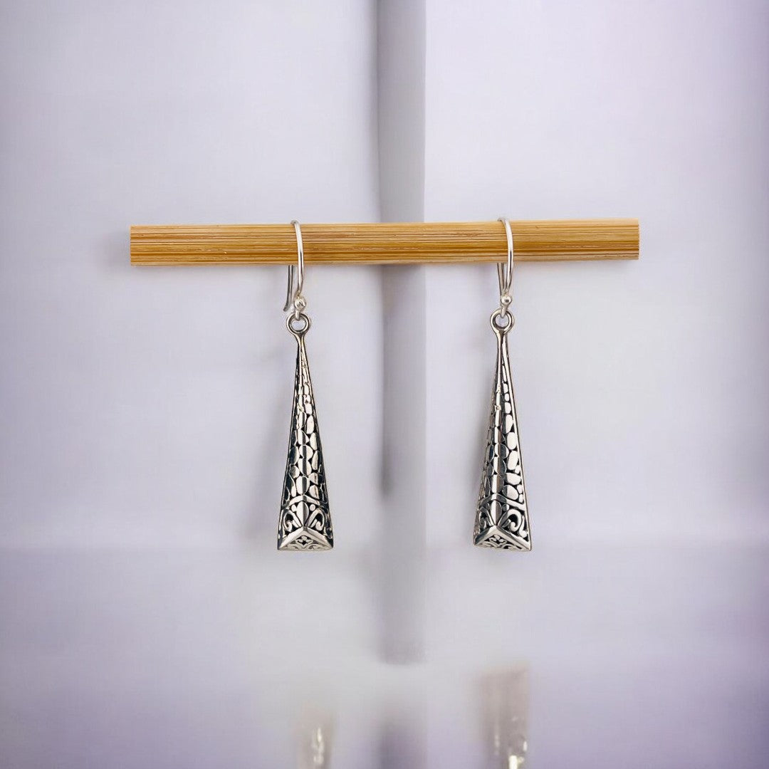 Dangle Sterling Silver Long Triangle Earrings with Intricate Carved Patterns, Artisan Jewelry