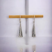 Dangle Sterling Silver Long Triangle Earrings with Intricate Carved Patterns, Artisan Jewelry
