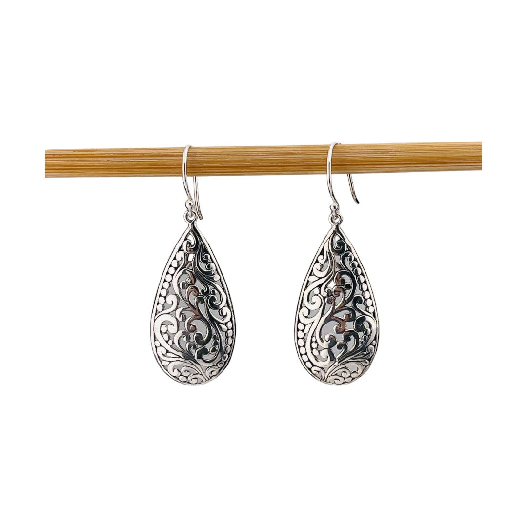 Teardrop Sterling Silver Earrings with Dangling Swirls and Natural Inspiration, Elegant Jewelry