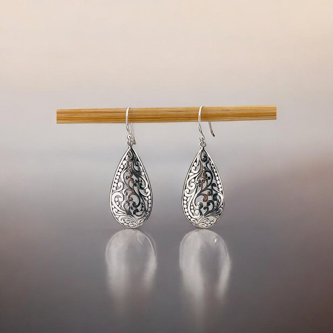 Teardrop Sterling Silver Earrings with Dangling Swirls and Natural Inspiration, Elegant Jewelry