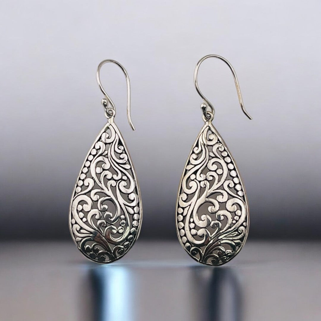 Teardrop Sterling Silver Earrings with Dangling Swirls and Natural Inspiration, Elegant Jewelry