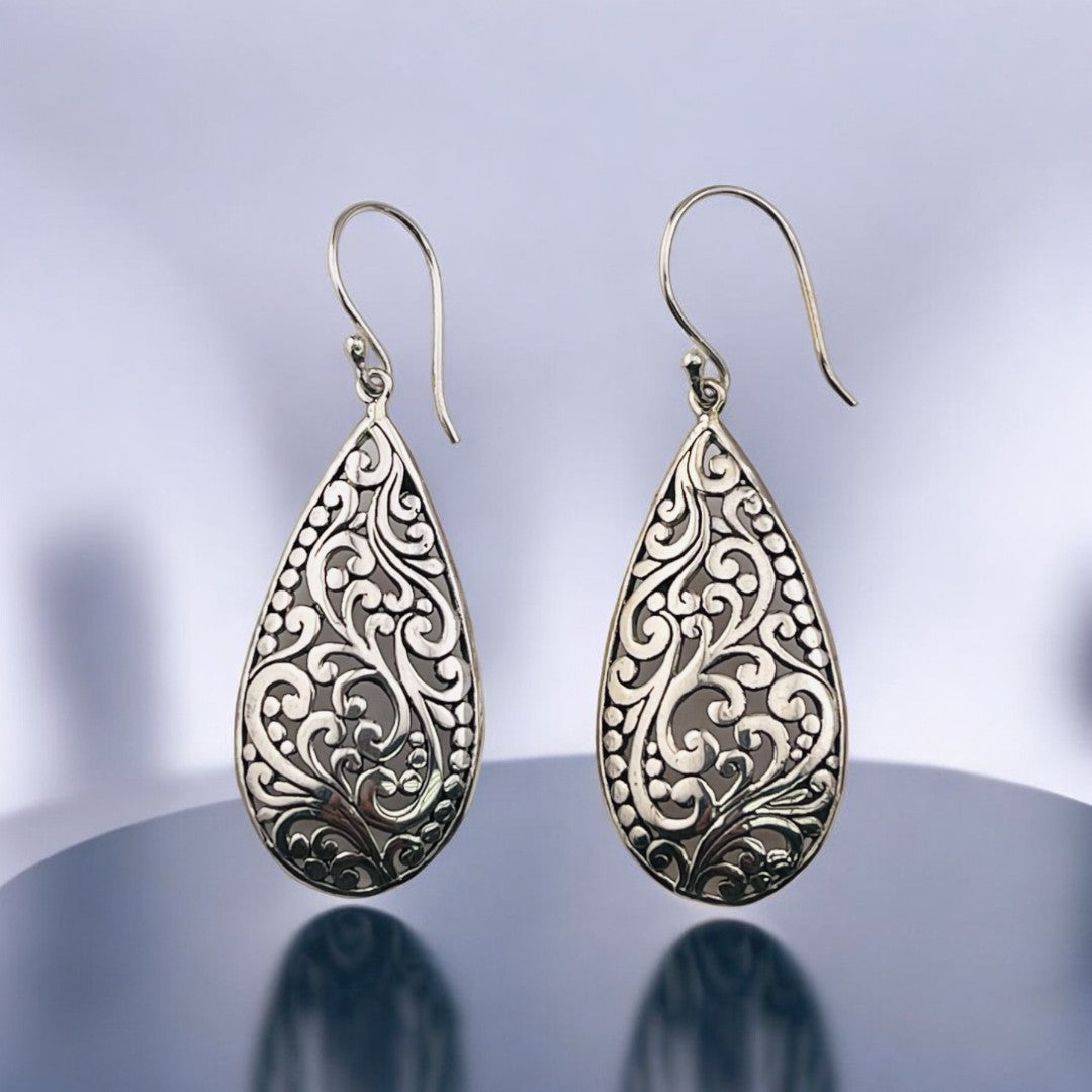 Teardrop Sterling Silver Earrings with Dangling Swirls and Natural Inspiration, Elegant Jewelry