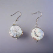 Coin Cultured Pearl Earrings, Sterling Silver, Dangling, Elegant Jewelry, Gift for Her