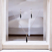 Sterling Silver Necklace and Earrings Set with Black Accent, Marquise Shape