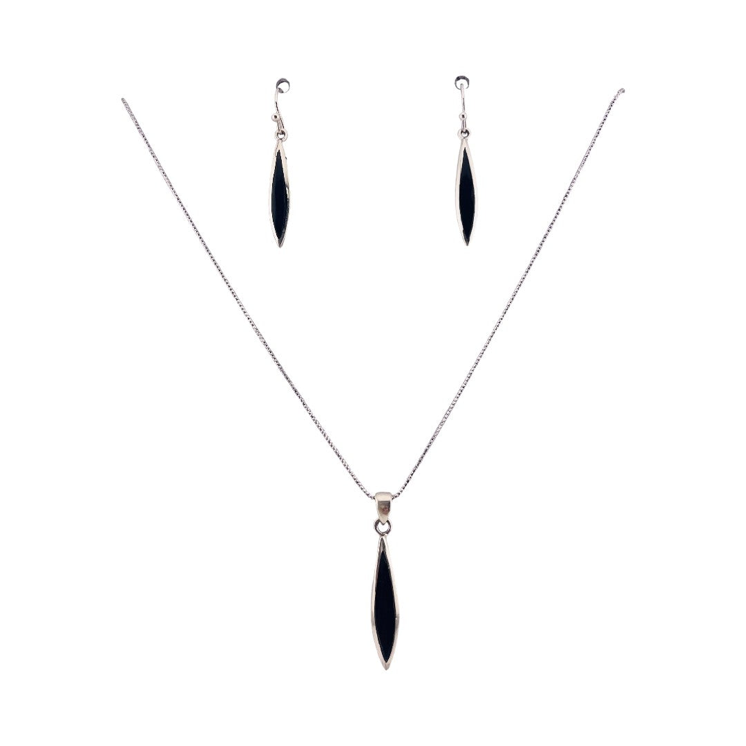 Sterling Silver Necklace and Earrings Set with Black Accent, Marquise Shape