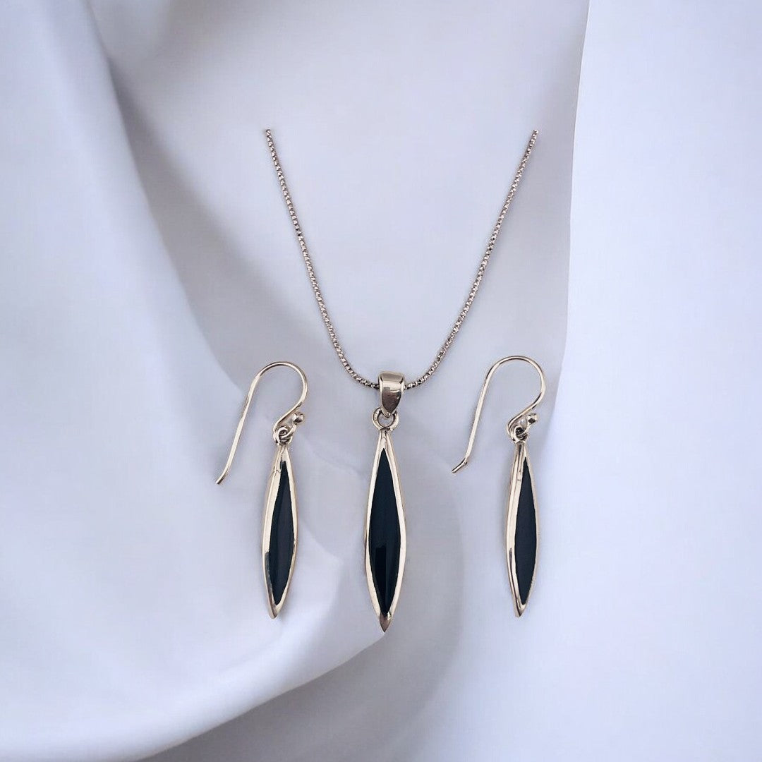 Sterling Silver Necklace and Earrings Set with Black Accent, Marquise Shape