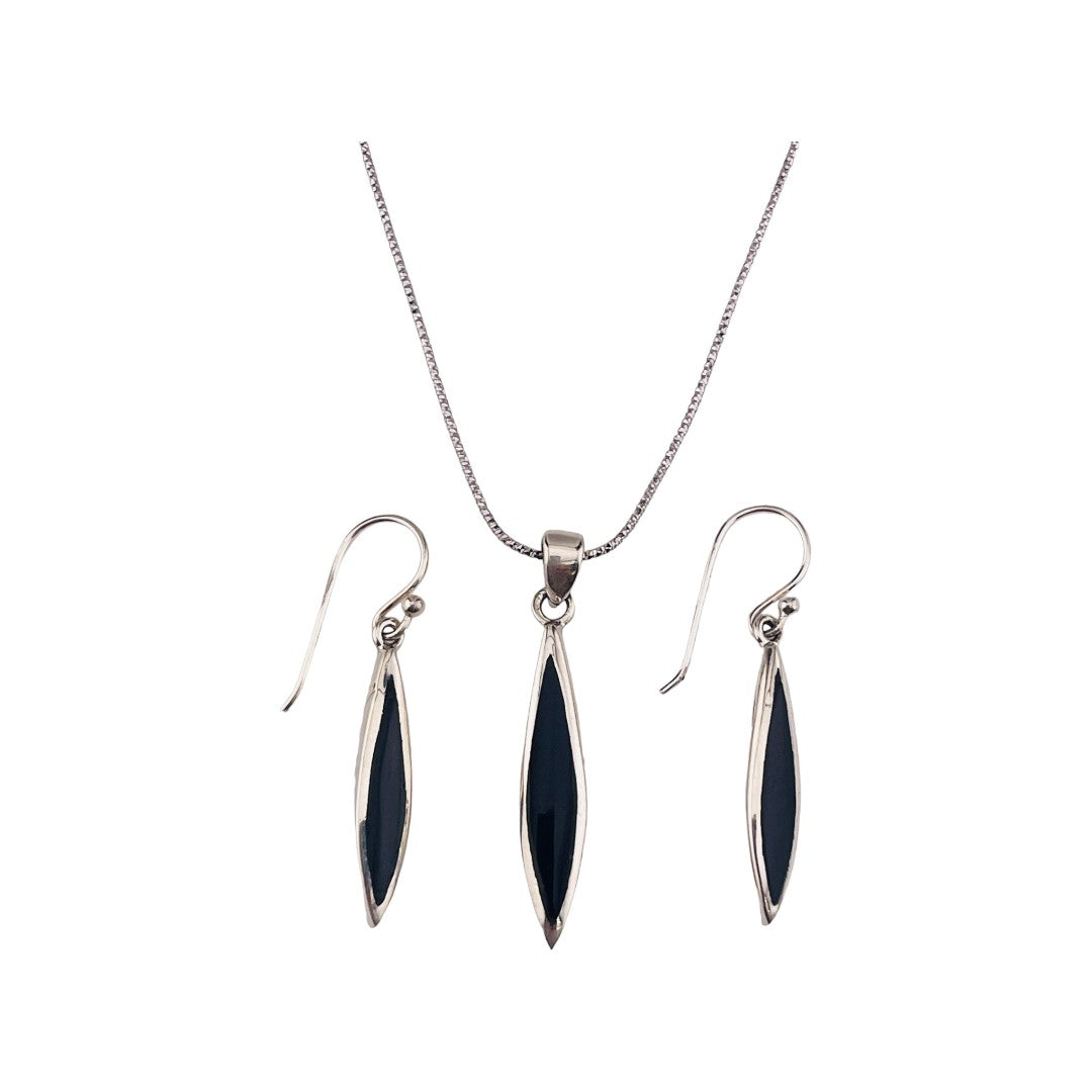 Sterling Silver Necklace and Earrings Set with Black Accent, Marquise Shape