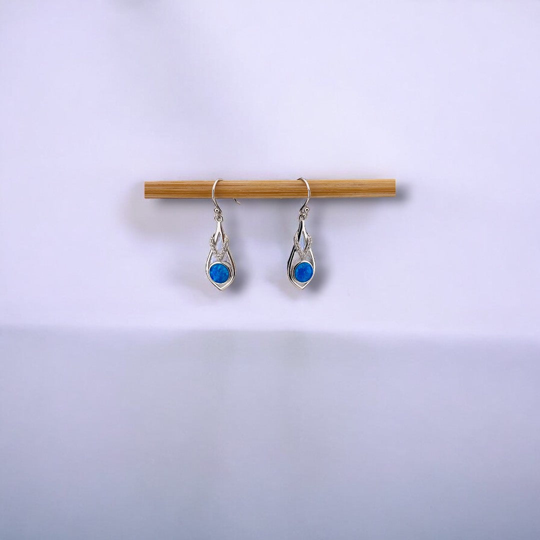 Celestial Elegance Sterling Silver Earrings with Opal Blue Stone and Zirconia Accents, Dangle Jewelry, Elegant Gift