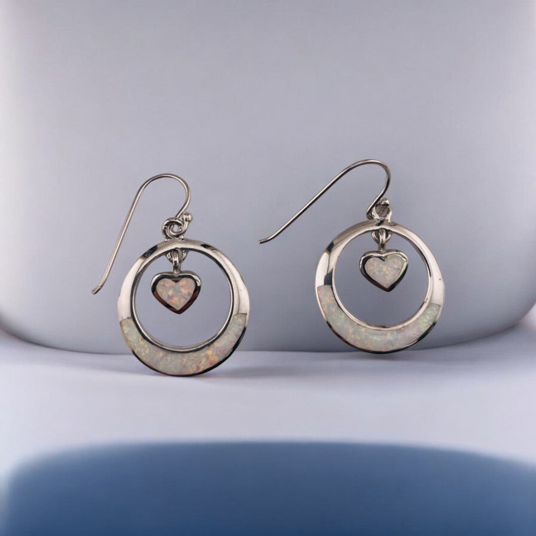 Sterling Silver, Round Drop Earrings with Dangling Center Heart and Mother of Pearl, Elegant Jewelry