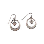 Sterling Silver, Round Drop Earrings with Dangling Center Heart and Mother of Pearl, Elegant Jewelry
