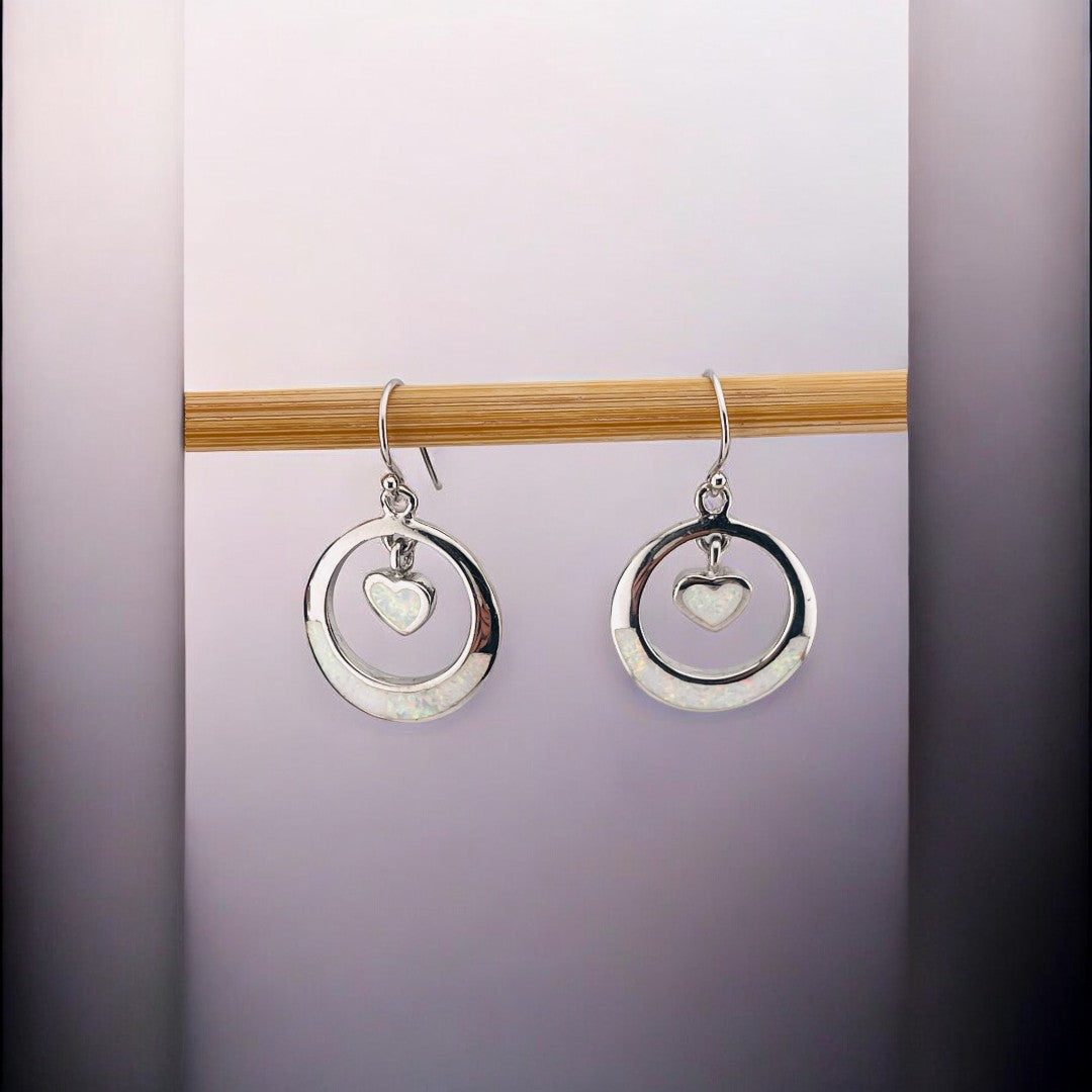 Sterling Silver, Round Drop Earrings with Dangling Center Heart and Mother of Pearl, Elegant Jewelry