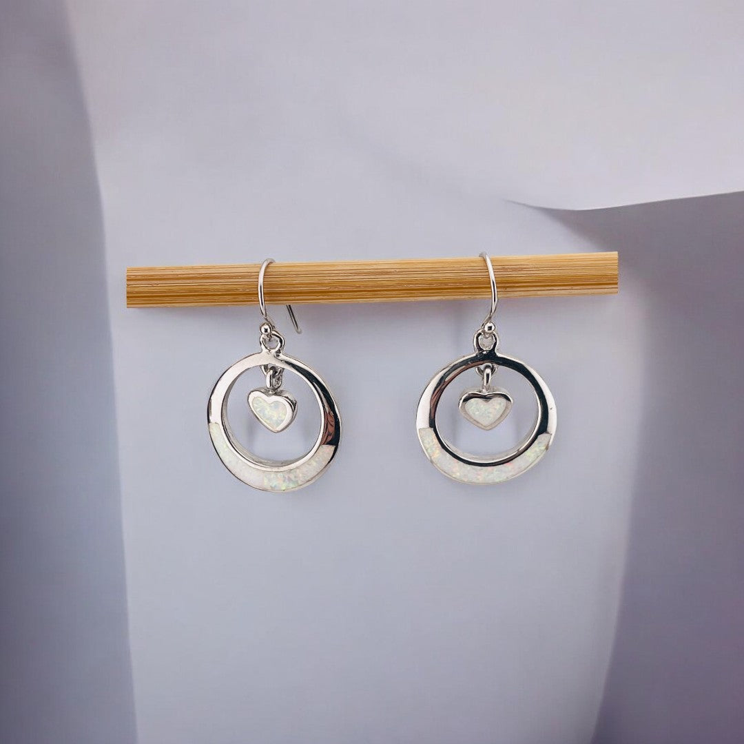 Sterling Silver, Round Drop Earrings with Dangling Center Heart and Mother of Pearl, Elegant Jewelry