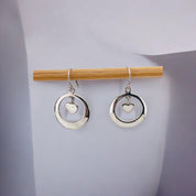 Sterling Silver, Round Drop Earrings with Dangling Center Heart and Mother of Pearl, Elegant Jewelry