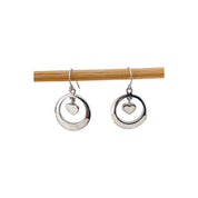 Sterling Silver, Round Drop Earrings with Dangling Center Heart and Mother of Pearl, Elegant Jewelry