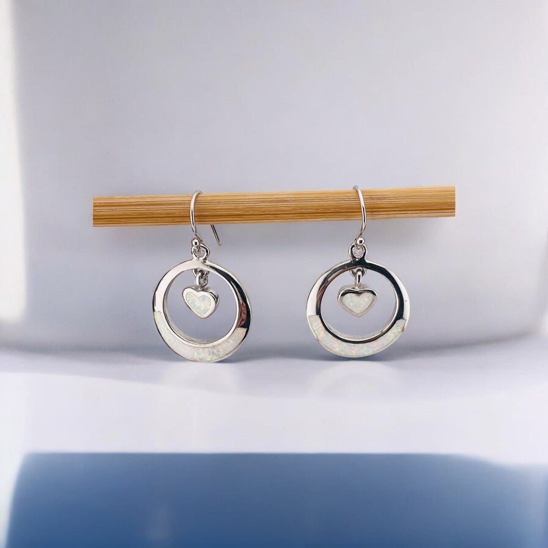 Sterling Silver, Round Drop Earrings with Dangling Center Heart and Mother of Pearl, Elegant Jewelry