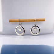 Sterling Silver, Round Drop Earrings with Dangling Center Heart and Mother of Pearl, Elegant Jewelry