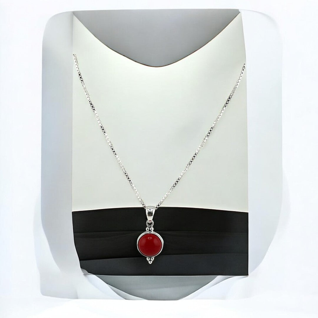 Silver Natural Gemstone Round Red Stone Pendant Necklace