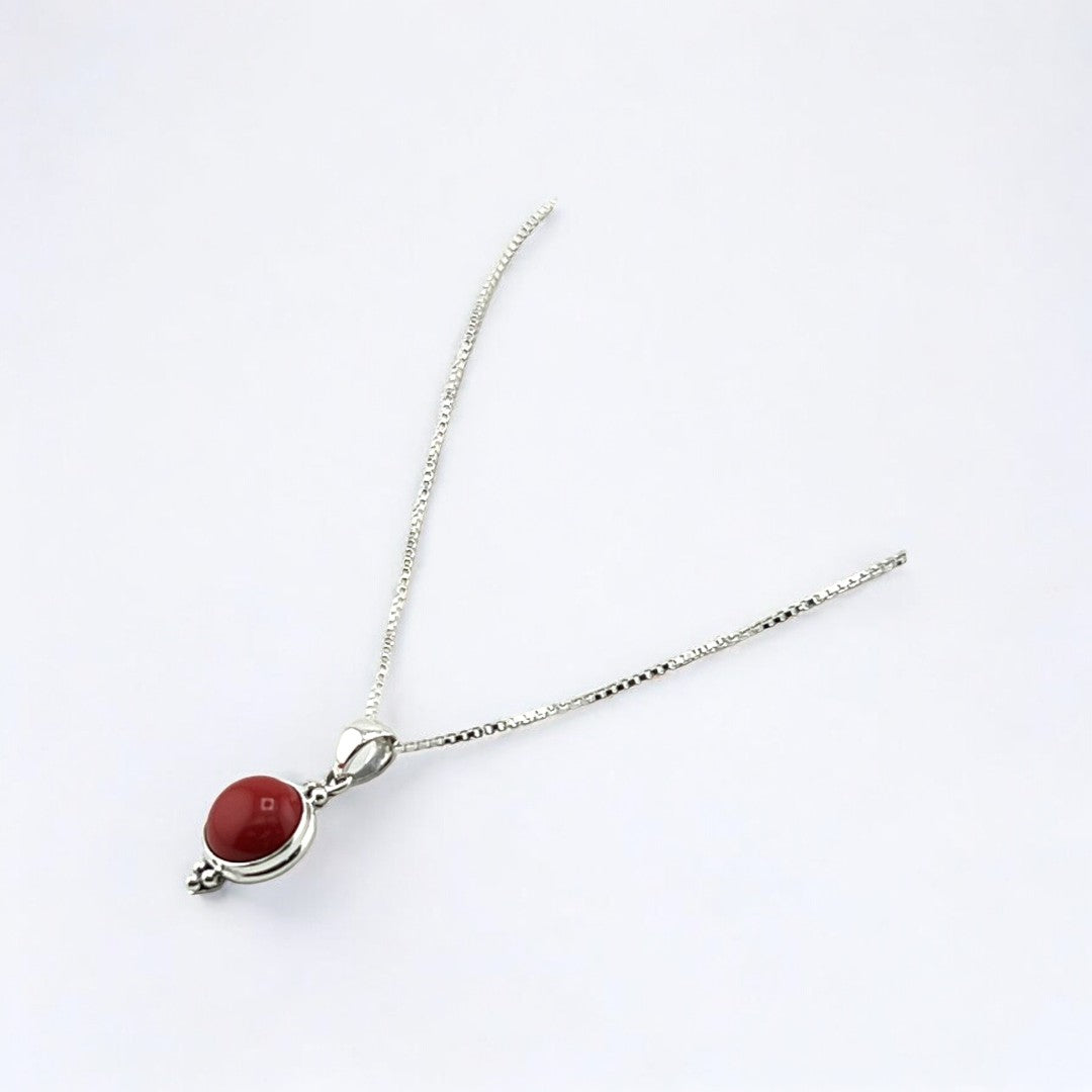 Silver Natural Gemstone Round Red Stone Pendant Necklace