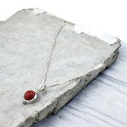 Silver Natural Gemstone Round Red Stone Pendant Necklace