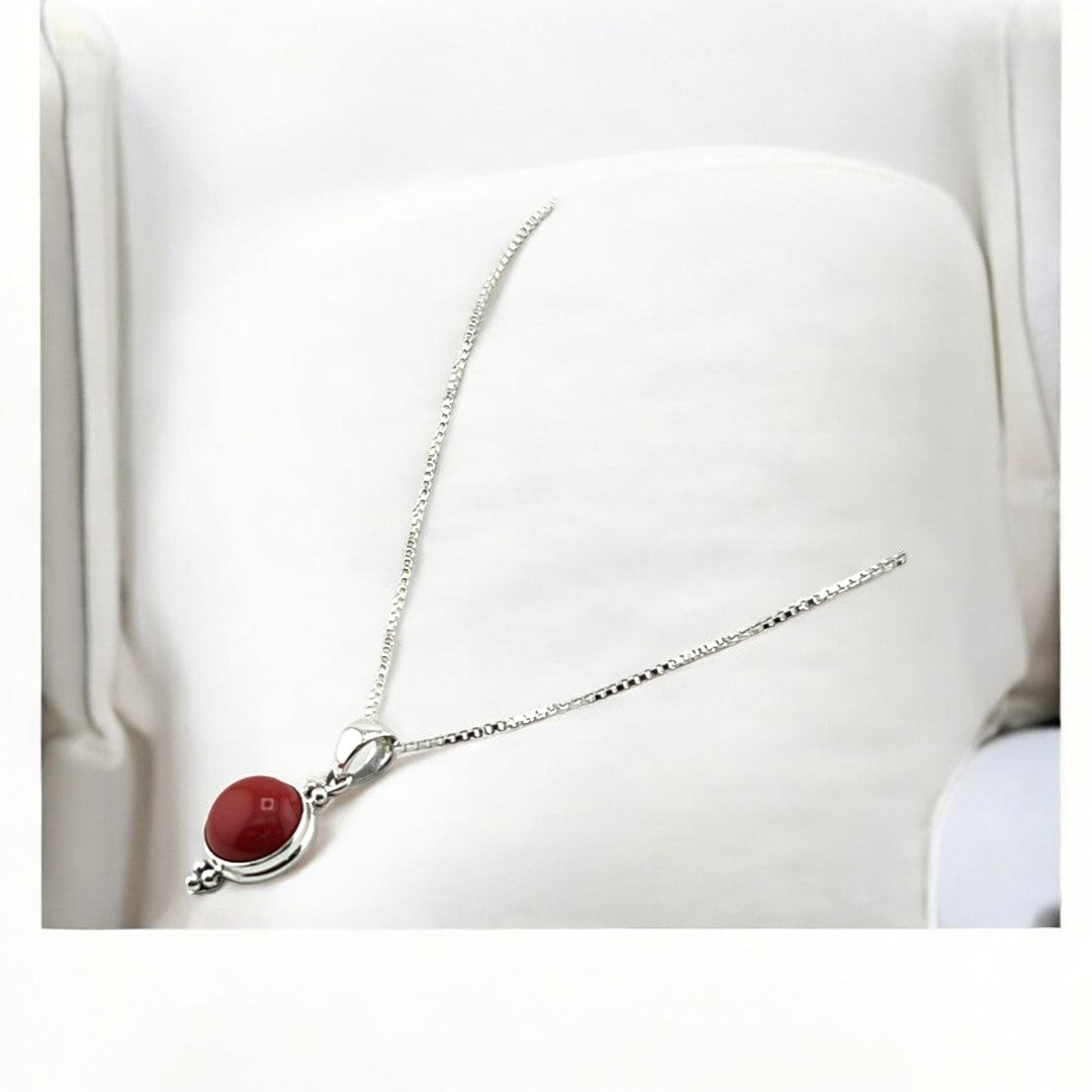 Silver Natural Gemstone Round Red Stone Pendant Necklace