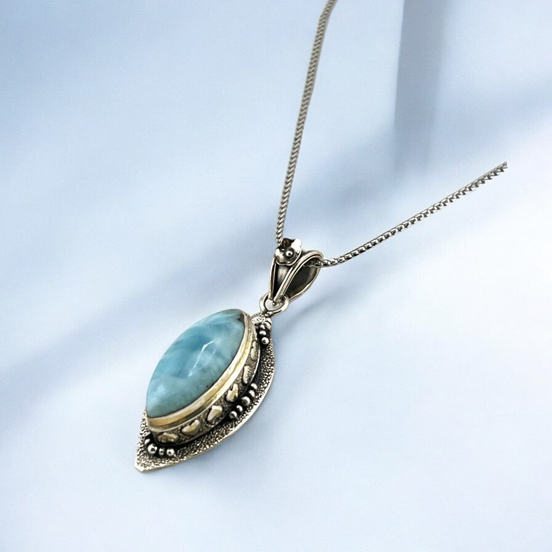 Large Larimar Gemstone, Sterling Silver Pendant, Antique Style Necklace, Vintage Inspired Design, Unique Gift