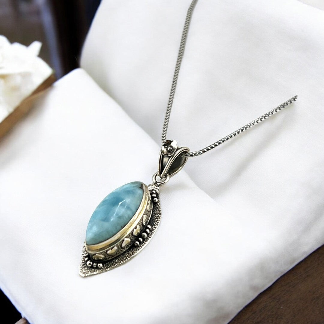 Large Larimar Gemstone, Sterling Silver Pendant, Antique Style Necklace, Vintage Inspired Design, Unique Gift